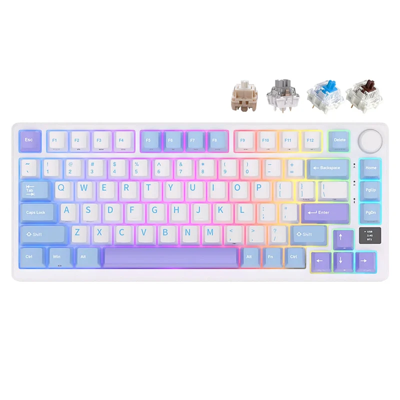 Royal Kludge RK-M75 Tri-Mode RGB 81 Keys Hot-Swappable Mechanical Keyboard Taro Milk (K Silver Switch, Blue Switch, Brown Switch, Cream Switch)