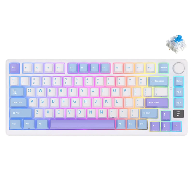 Royal Kludge RK-M75 Tri-Mode RGB 81 Keys Hot-Swappable Mechanical Keyboard Taro Milk (K Silver Switch, Blue Switch, Brown Switch, Cream Switch)