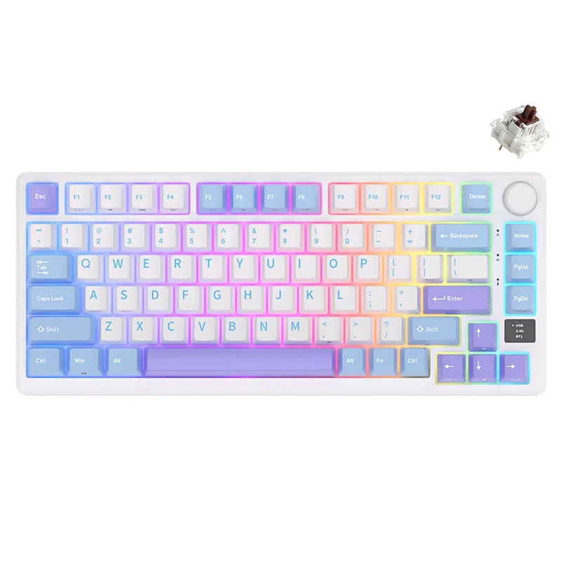Royal Kludge RK-M75 Tri-Mode RGB 81 Keys Hot-Swappable Mechanical Keyboard Taro Milk (K Silver Switch, Blue Switch, Brown Switch, Cream Switch)