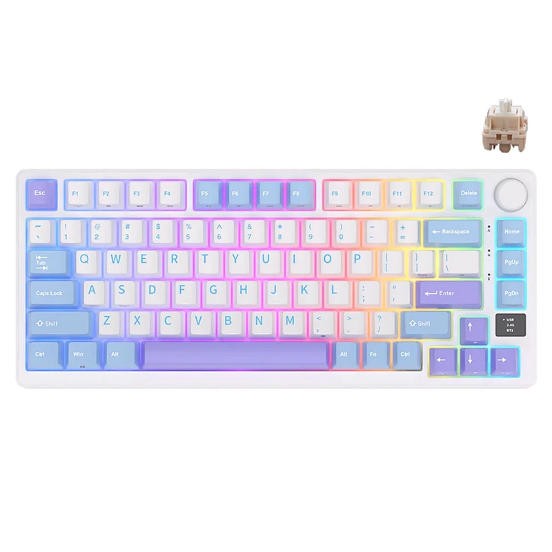 Royal Kludge RK-M75 Tri-Mode RGB 81 Keys Hot-Swappable Mechanical Keyboard Taro Milk (K Silver Switch, Blue Switch, Brown Switch, Cream Switch)