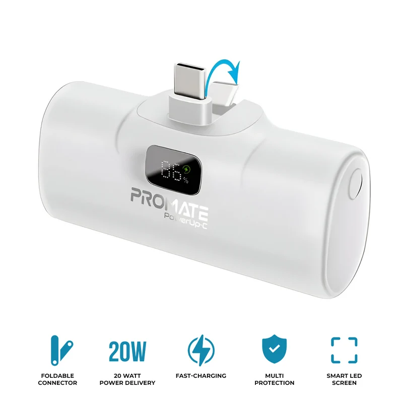 Promate PowerUp-C 5000mAh Ultra Compact 20W Fast Charging Power Bank In-Built Foldable Usb-C Connector (White)