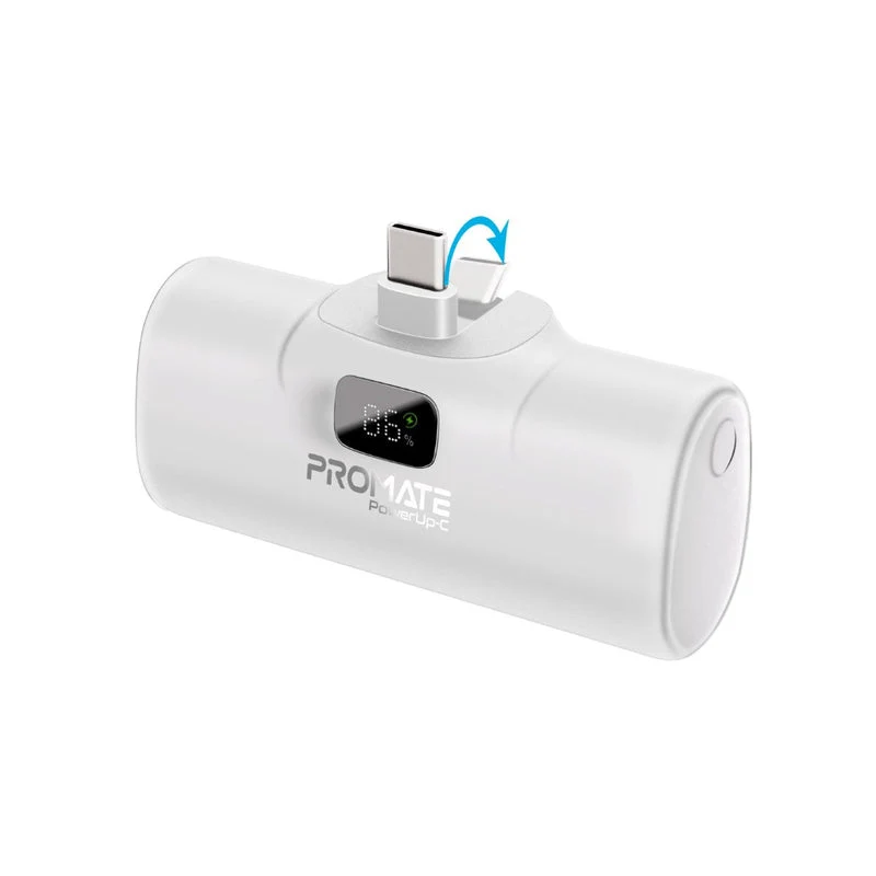 Promate PowerUp-C 5000mAh Ultra Compact 20W Fast Charging Power Bank In-Built Foldable Usb-C Connector (White)