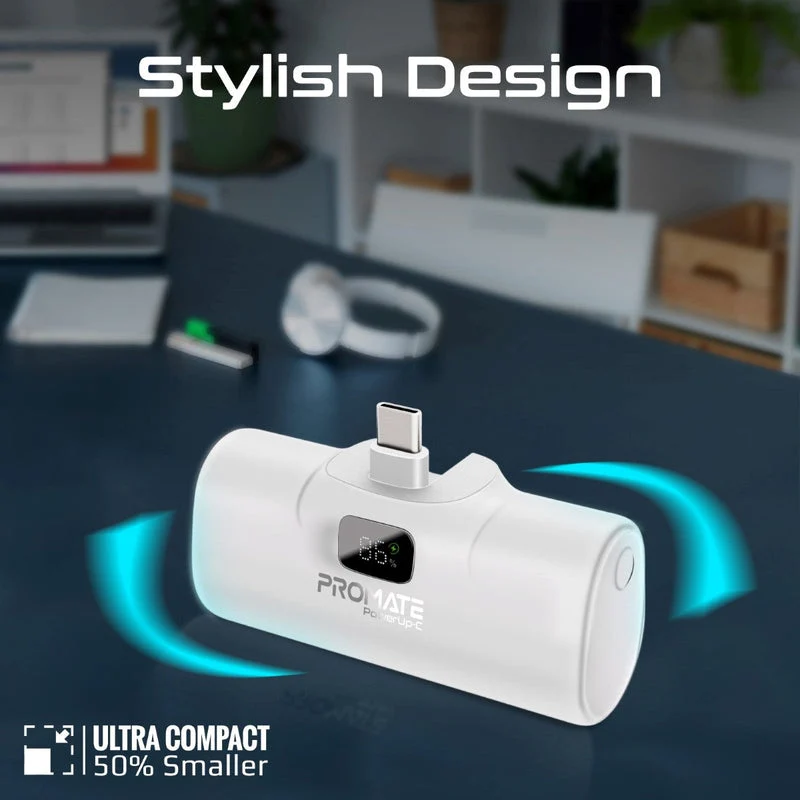 Promate PowerUp-C 5000mAh Ultra Compact 20W Fast Charging Power Bank In-Built Foldable Usb-C Connector (White)