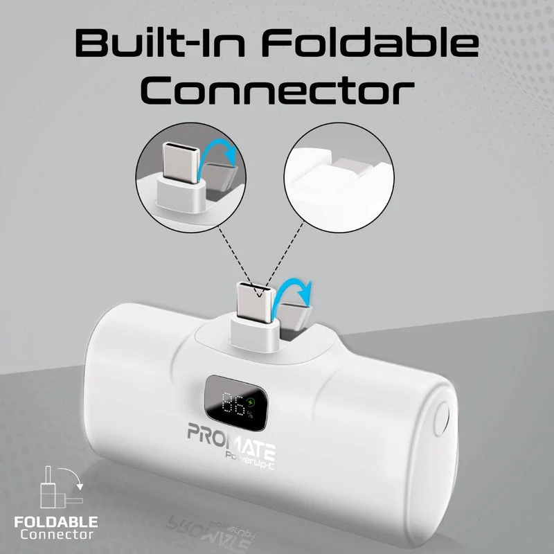 Promate PowerUp-C 5000mAh Ultra Compact 20W Fast Charging Power Bank In-Built Foldable Usb-C Connector (White)