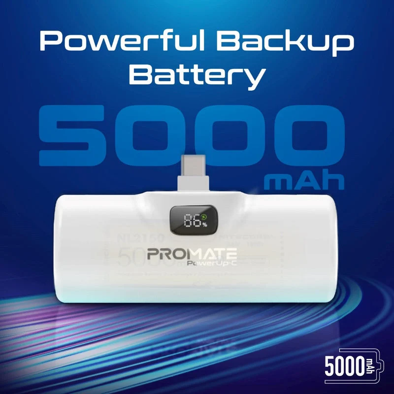 Promate PowerUp-C 5000mAh Ultra Compact 20W Fast Charging Power Bank In-Built Foldable Usb-C Connector (White)