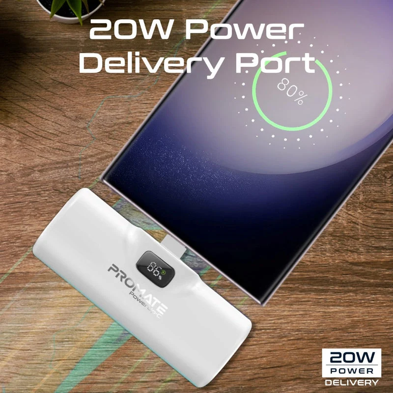 Promate PowerUp-C 5000mAh Ultra Compact 20W Fast Charging Power Bank In-Built Foldable Usb-C Connector (White)