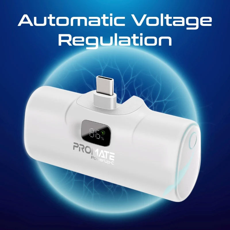Promate PowerUp-C 5000mAh Ultra Compact 20W Fast Charging Power Bank In-Built Foldable Usb-C Connector (White)