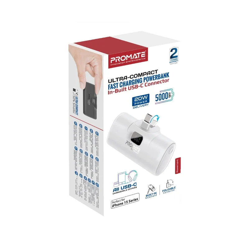Promate PowerUp-C 5000mAh Ultra Compact 20W Fast Charging Power Bank In-Built Foldable Usb-C Connector (White)