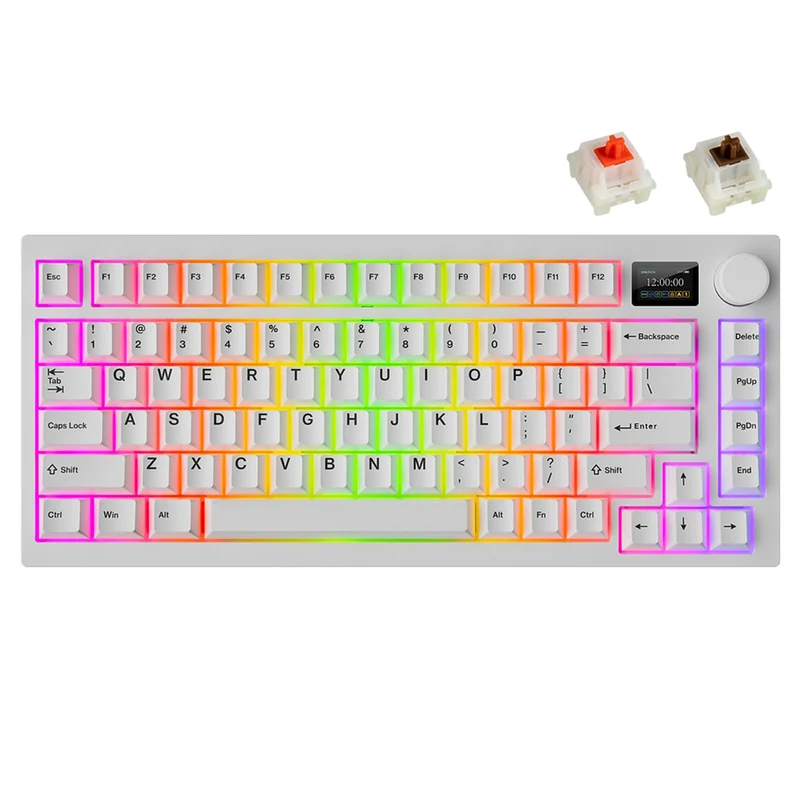 Tecware Spectre 75 RGB Tri-Mode 81-Key Gasket Mounted Mechanical Keyboard with Customizable LCD Display & Volume Knob (White) (Candy Red 48G Linear Switch, Cocoa Brown 55G Tactile Switch)