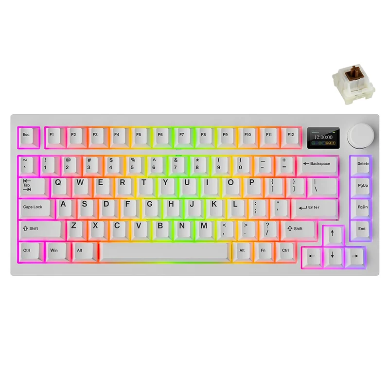 Tecware Spectre 75 RGB Tri-Mode 81-Key Gasket Mounted Mechanical Keyboard with Customizable LCD Display & Volume Knob (White) (Candy Red 48G Linear Switch, Cocoa Brown 55G Tactile Switch)