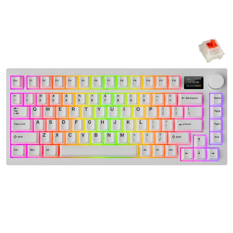 Tecware Spectre 75 RGB Tri-Mode 81-Key Gasket Mounted Mechanical Keyboard with Customizable LCD Display & Volume Knob (White) (Candy Red 48G Linear Switch, Cocoa Brown 55G Tactile Switch)