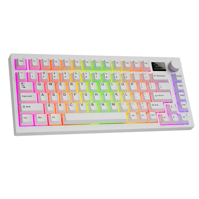 Tecware Spectre 75 RGB Tri-Mode 81-Key Gasket Mounted Mechanical Keyboard with Customizable LCD Display & Volume Knob (White) (Candy Red 48G Linear Switch, Cocoa Brown 55G Tactile Switch)