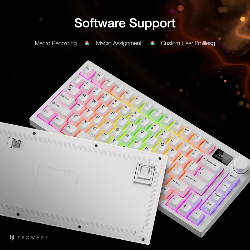 Tecware Spectre 75 RGB Tri-Mode 81-Key Gasket Mounted Mechanical Keyboard with Customizable LCD Display & Volume Knob (White) (Candy Red 48G Linear Switch, Cocoa Brown 55G Tactile Switch)