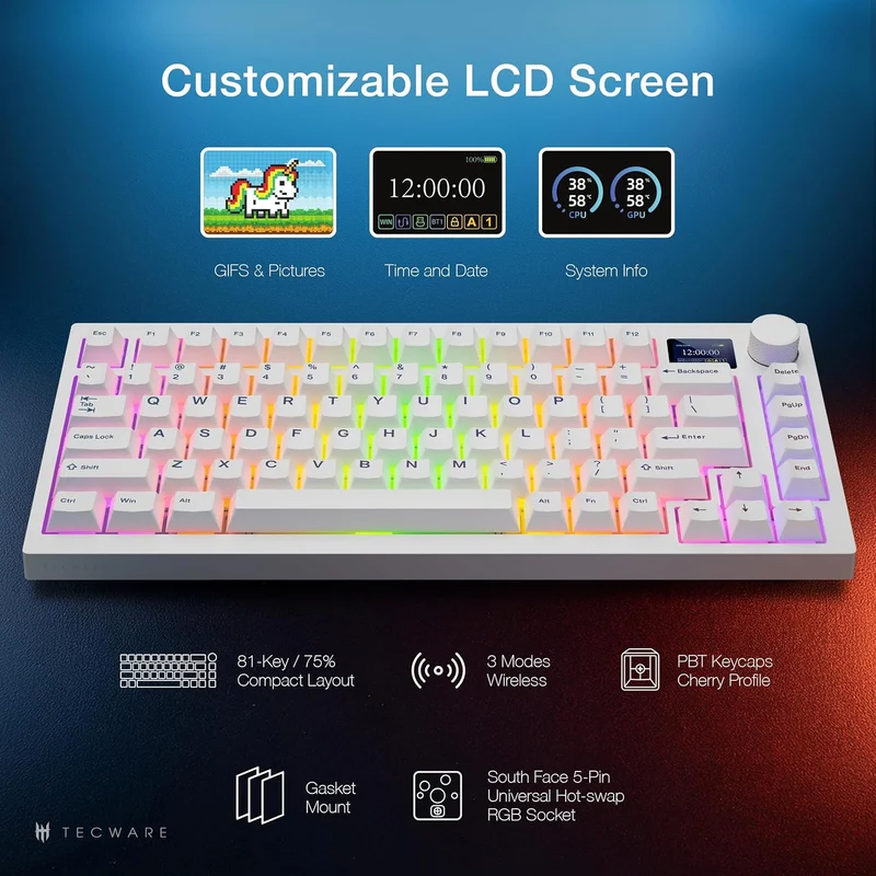 Tecware Spectre 75 RGB Tri-Mode 81-Key Gasket Mounted Mechanical Keyboard with Customizable LCD Display & Volume Knob (White) (Candy Red 48G Linear Switch, Cocoa Brown 55G Tactile Switch)