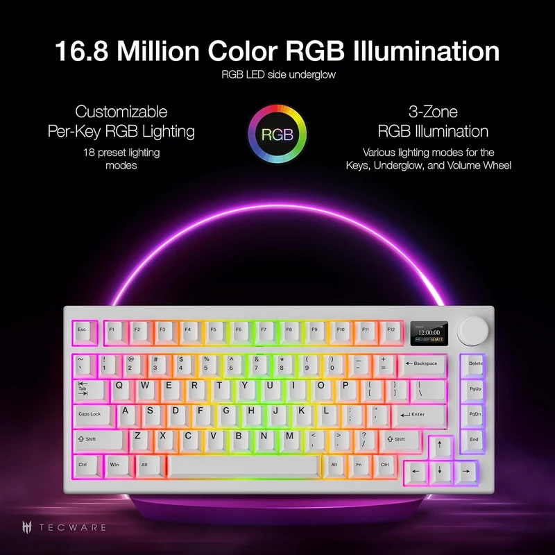 Tecware Spectre 75 RGB Tri-Mode 81-Key Gasket Mounted Mechanical Keyboard with Customizable LCD Display & Volume Knob (White) (Candy Red 48G Linear Switch, Cocoa Brown 55G Tactile Switch)