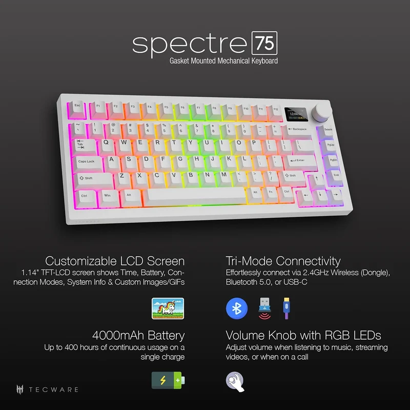 Tecware Spectre 75 RGB Tri-Mode 81-Key Gasket Mounted Mechanical Keyboard with Customizable LCD Display & Volume Knob (White) (Candy Red 48G Linear Switch, Cocoa Brown 55G Tactile Switch)
