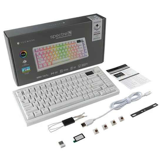 Tecware Spectre 75 RGB Tri-Mode 81-Key Gasket Mounted Mechanical Keyboard with Customizable LCD Display & Volume Knob (White) (Candy Red 48G Linear Switch, Cocoa Brown 55G Tactile Switch)