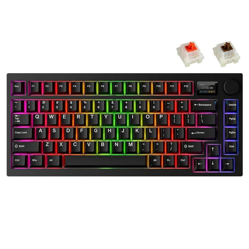 Tecware Spectre 75 RGB Tri-Mode 81-Key Gasket Mounted Mechanical Keyboard with Customizable LCD Display & Volume Knob (Black) (Candy Red 48G Linear Switch, Cocoa Brown 55G Tactile Switch)