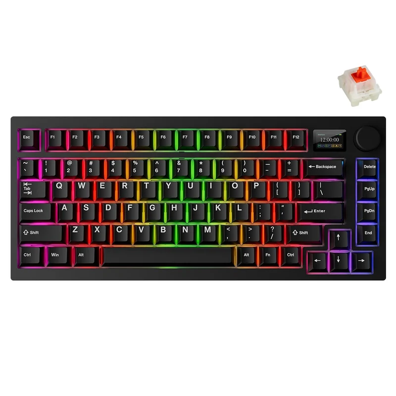 Tecware Spectre 75 RGB Tri-Mode 81-Key Gasket Mounted Mechanical Keyboard with Customizable LCD Display & Volume Knob (Black) (Candy Red 48G Linear Switch, Cocoa Brown 55G Tactile Switch)