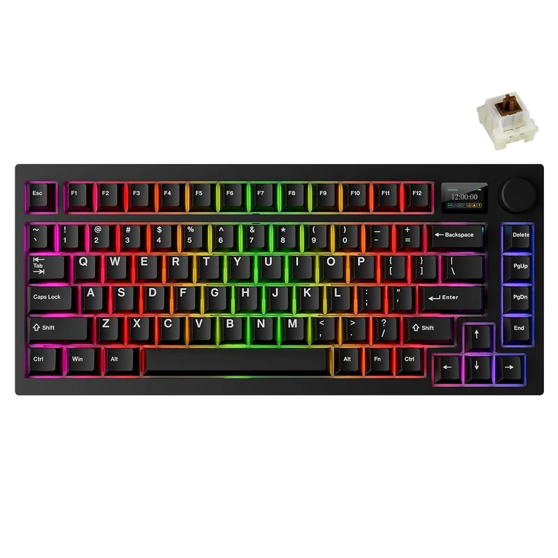 Tecware Spectre 75 RGB Tri-Mode 81-Key Gasket Mounted Mechanical Keyboard with Customizable LCD Display & Volume Knob (Black) (Candy Red 48G Linear Switch, Cocoa Brown 55G Tactile Switch)
