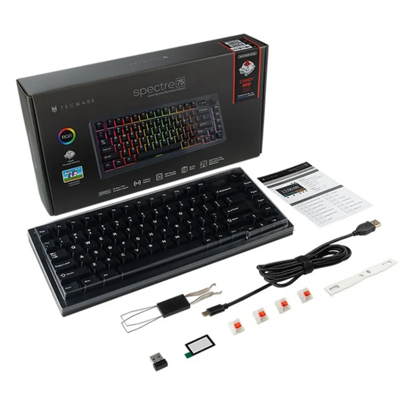 Tecware Spectre 75 RGB Tri-Mode 81-Key Gasket Mounted Mechanical Keyboard with Customizable LCD Display & Volume Knob (Black) (Candy Red 48G Linear Switch, Cocoa Brown 55G Tactile Switch)