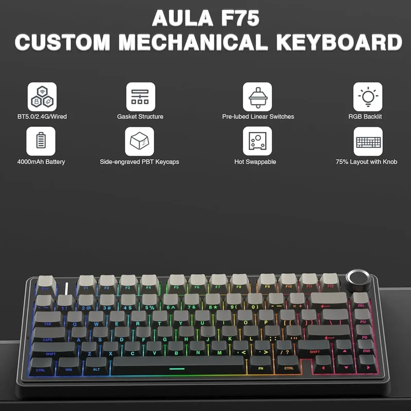 Aula F75 RGB Tri-Mode Type-C 75% 80-Key Gasket Structure Hot-Swap Mechanical Gaming Keyboard (Reaper Switch) (Black/Gradient Grey)