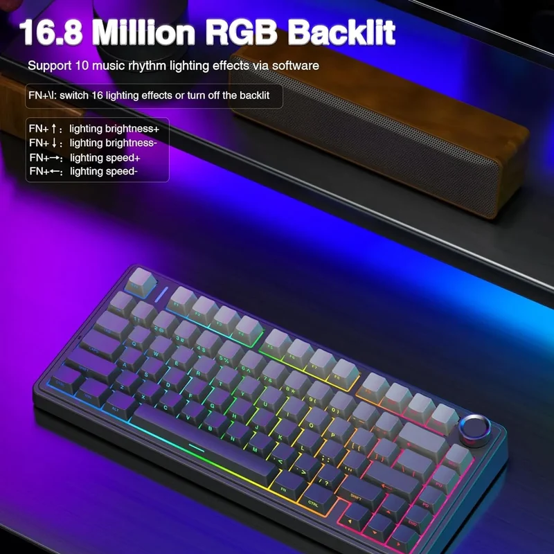 Aula F75 RGB Tri-Mode Type-C 75% 80-Key Gasket Structure Hot-Swap Mechanical Gaming Keyboard (Reaper Switch) (Black/Gradient Grey)