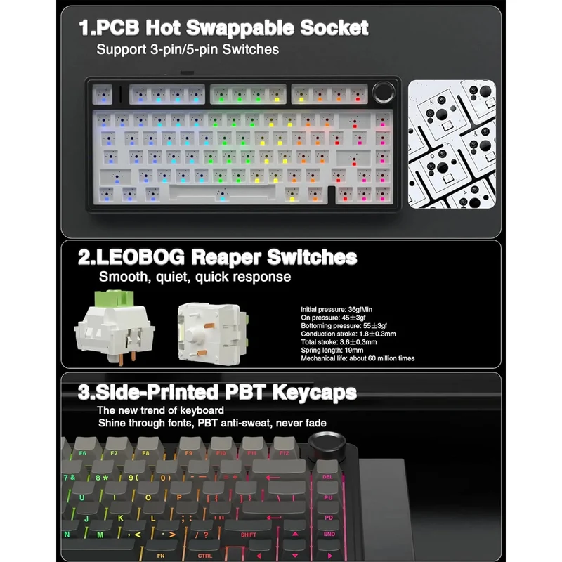 Aula F75 RGB Tri-Mode Type-C 75% 80-Key Gasket Structure Hot-Swap Mechanical Gaming Keyboard (Reaper Switch) (Black/Gradient Grey)