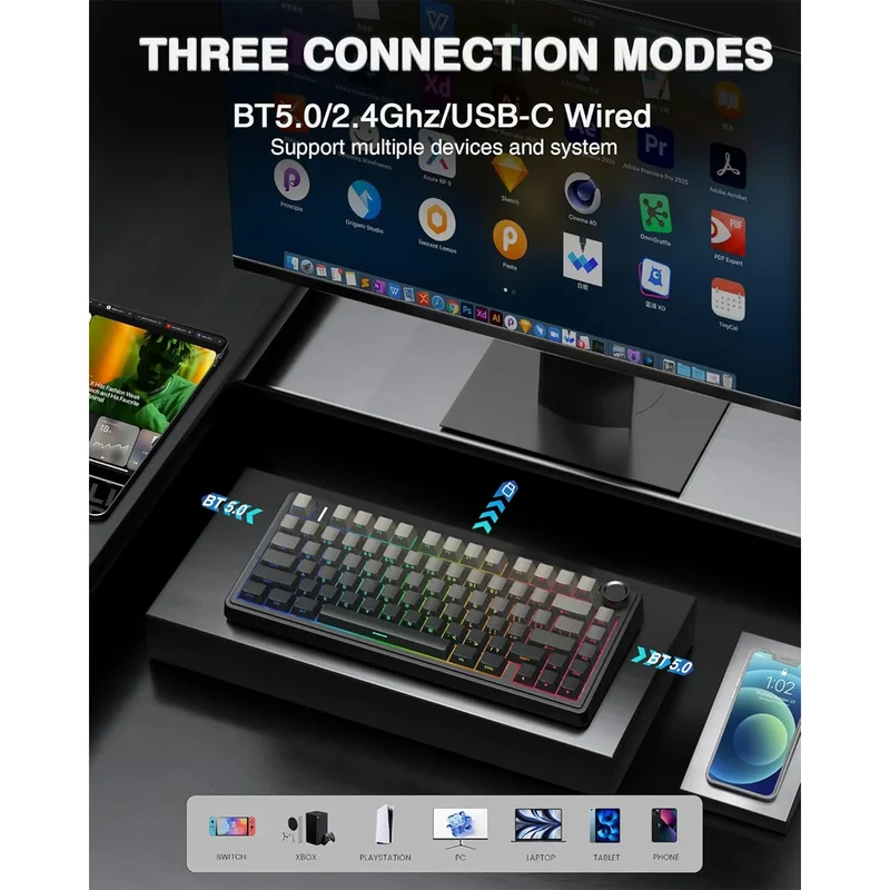 Aula F75 RGB Tri-Mode Type-C 75% 80-Key Gasket Structure Hot-Swap Mechanical Gaming Keyboard (Reaper Switch) (Black/Gradient Grey)