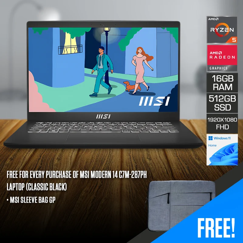 MSI Modern 14 C7M-287PH Laptop (Classic Black) | 14" FHD (1920x1080) IPS | Ryzen 5 7430U | 16GB RAM | 512GB SSD | AMD Radeon Graphics | Windows 11 Home | MSI Sleeve Bag GP