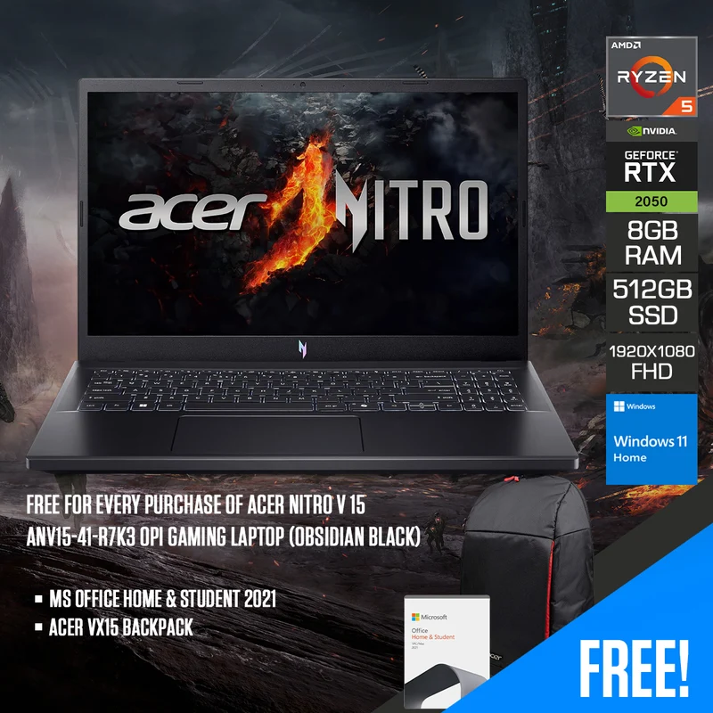 Acer Nitro V 15 ANV15-41-R7K3 OPI Gaming Laptop (Obsidian Black) | 15.6" FHD (1920x1080) 165Hz IPS | Ryzen 5 7535HS | 8GB RAM | 512GB SSD | RTX 2050 | Windows 11 Home | MS Office Home & Student 2021 | Acer VX15 Backpack
