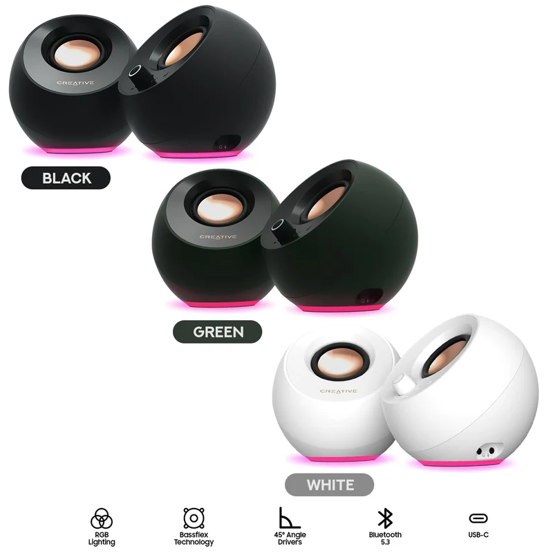 Creative Pebble Pro Minimalist 2.0 USB-C Speakers With Bluetooth 5.3 & Customizable RGB Lighting (Black, Green, White)