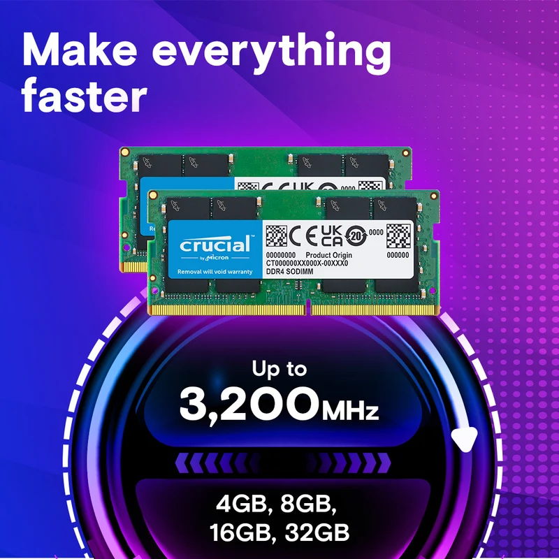Crucial DDR4 3200 MHz CL22 UDIMM Desktop Memory (8GB, 16GB)