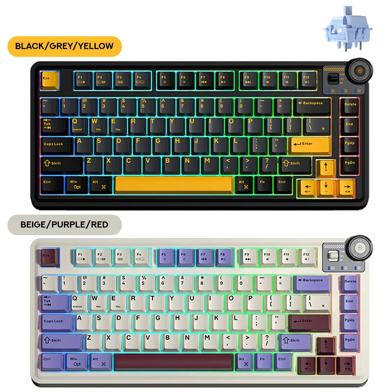 Aula AU75 3-in-1 Hot-Swap RGB Gasket Mechanical Gaming Keyboard with Multi-Function Knob (Star Vector Switch) (Beige/Purple/Red ,Black/Grey/Yellow)