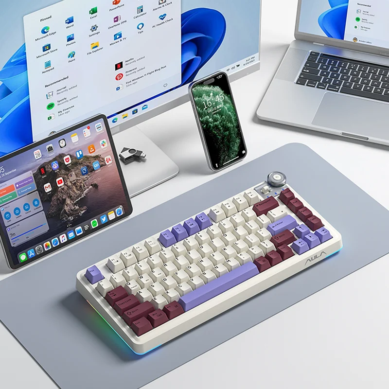 Aula AU75 3-in-1 Hot-Swap RGB Gasket Mechanical Gaming Keyboard with Multi-Function Knob (Star Vector Switch) (Beige/Purple/Red ,Black/Grey/Yellow)