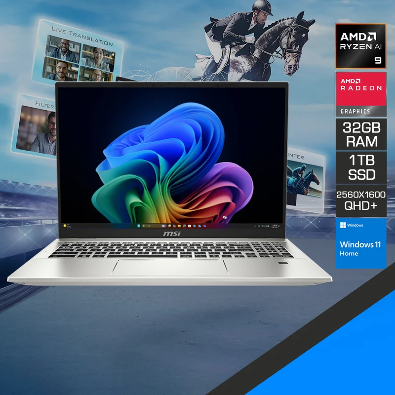 MSI Prestige A16 AI+ A3HMG-040PH Laptop (Urban Silver) | 16" QHD+ (2560x1600) 165Hz IPS | Ryzen AI 9 365 | 32GB RAM | 1TB SSD | AMD Radeon Graphics | Windows 11 Home