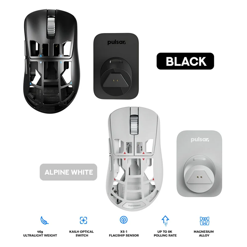 Pulsar Feinmann F01 Ultralightweight Magnesium Alloy Wireless Gaming Mouse (Black, Alpine White) (FMF01, FMF02)