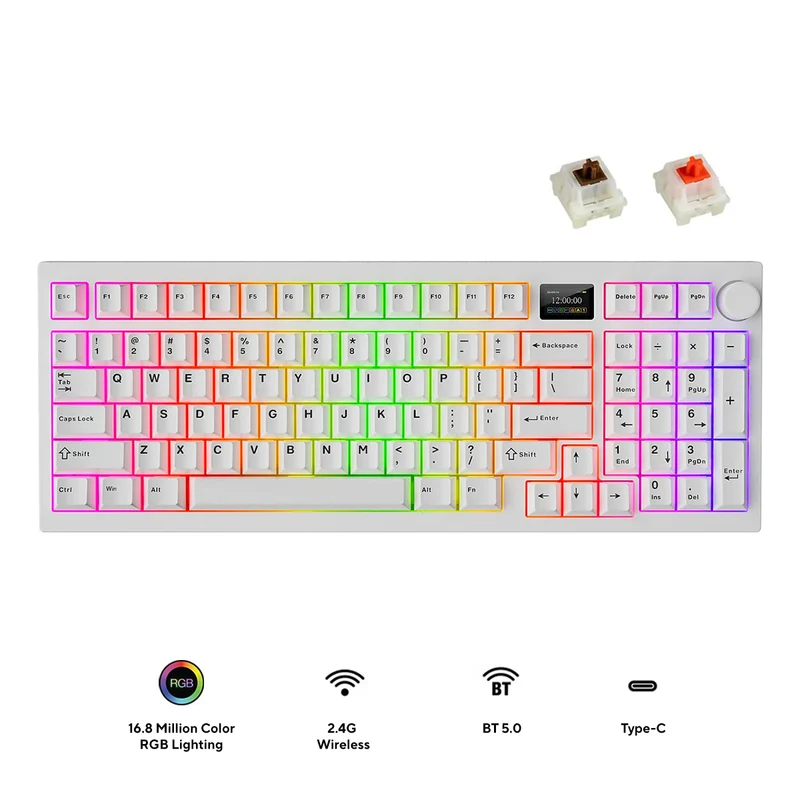 Tecware Spectre 96 RGB Tri-Mode 96-Key Gasket Mounted Mechanical Keyboard with Customizable LCD Display & Volume Knob (White) (Candy Red 48G Linear Switch, Cocoa Brown 55G Tactile Switch)