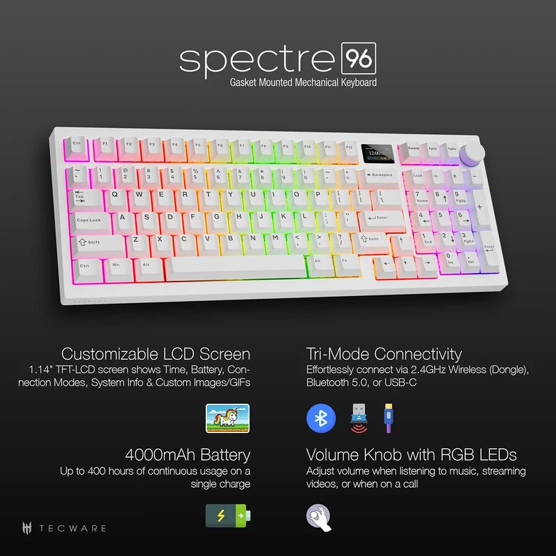 Tecware Spectre 96 RGB Tri-Mode 96-Key Gasket Mounted Mechanical Keyboard with Customizable LCD Display & Volume Knob (White) (Candy Red 48G Linear Switch, Cocoa Brown 55G Tactile Switch)