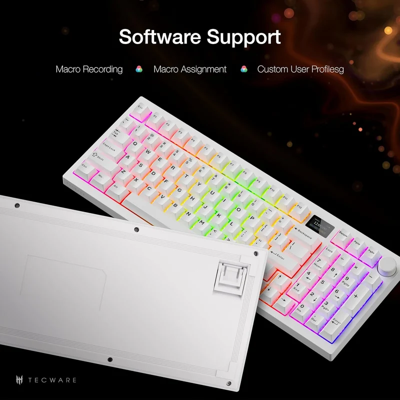 Tecware Spectre 96 RGB Tri-Mode 96-Key Gasket Mounted Mechanical Keyboard with Customizable LCD Display & Volume Knob (White) (Candy Red 48G Linear Switch, Cocoa Brown 55G Tactile Switch)