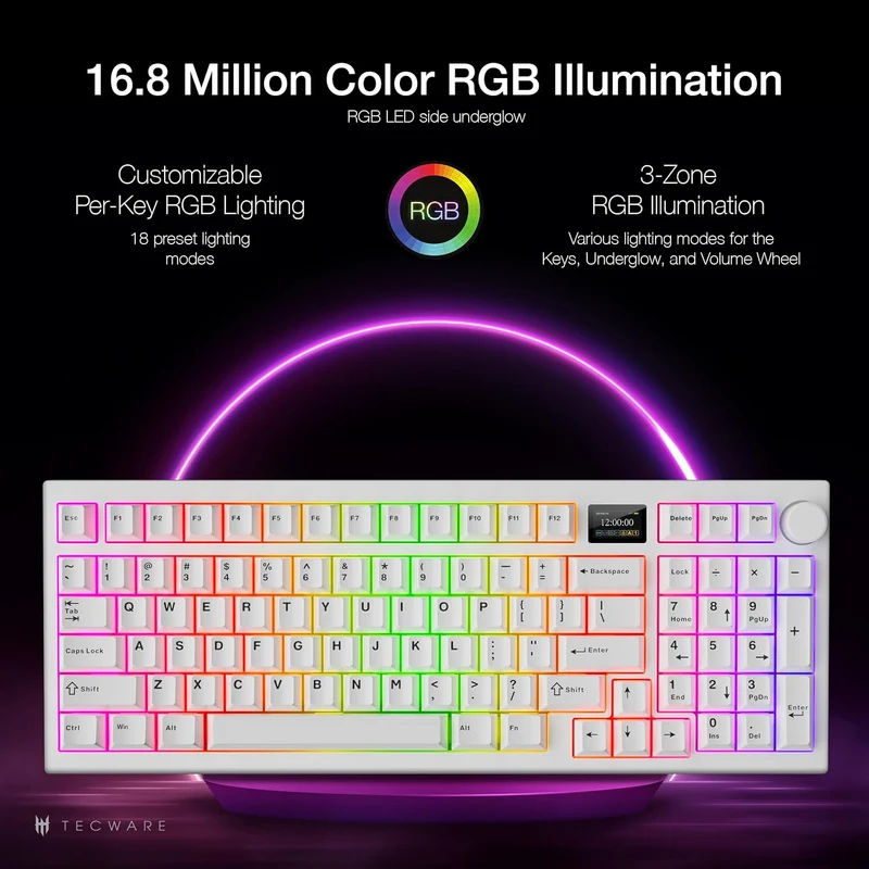 Tecware Spectre 96 RGB Tri-Mode 96-Key Gasket Mounted Mechanical Keyboard with Customizable LCD Display & Volume Knob (White) (Candy Red 48G Linear Switch, Cocoa Brown 55G Tactile Switch)