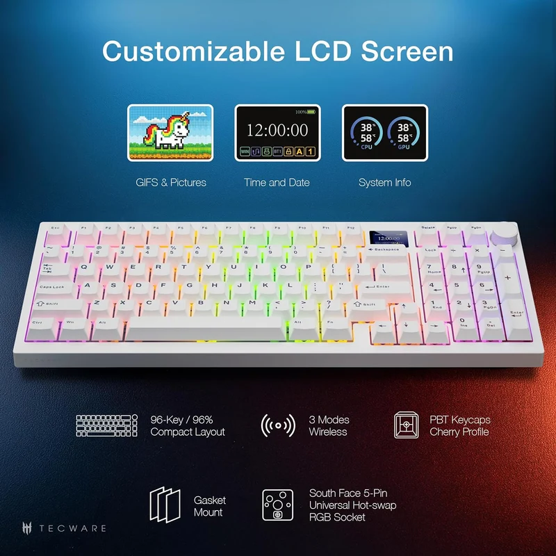 Tecware Spectre 96 RGB Tri-Mode 96-Key Gasket Mounted Mechanical Keyboard with Customizable LCD Display & Volume Knob (White) (Candy Red 48G Linear Switch, Cocoa Brown 55G Tactile Switch)