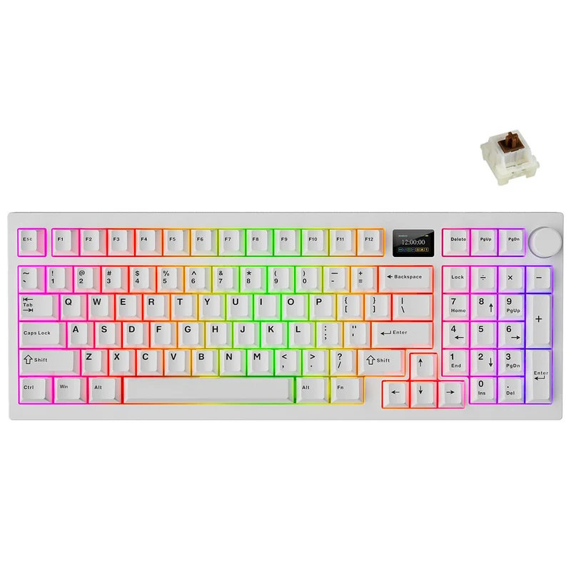 Tecware Spectre 96 RGB Tri-Mode 96-Key Gasket Mounted Mechanical Keyboard with Customizable LCD Display & Volume Knob (White) (Candy Red 48G Linear Switch, Cocoa Brown 55G Tactile Switch)