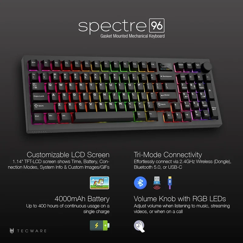 Tecware Spectre 96 RGB Tri-Mode 96-Key Gasket Mounted Mechanical Keyboard with Customizable LCD Display & Volume Knob (Black) (Candy Red 48G Linear Switch, Cocoa Brown 55G Tactile Switch)