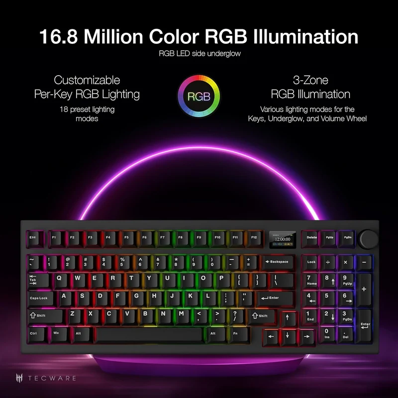 Tecware Spectre 96 RGB Tri-Mode 96-Key Gasket Mounted Mechanical Keyboard with Customizable LCD Display & Volume Knob (Black) (Candy Red 48G Linear Switch, Cocoa Brown 55G Tactile Switch)