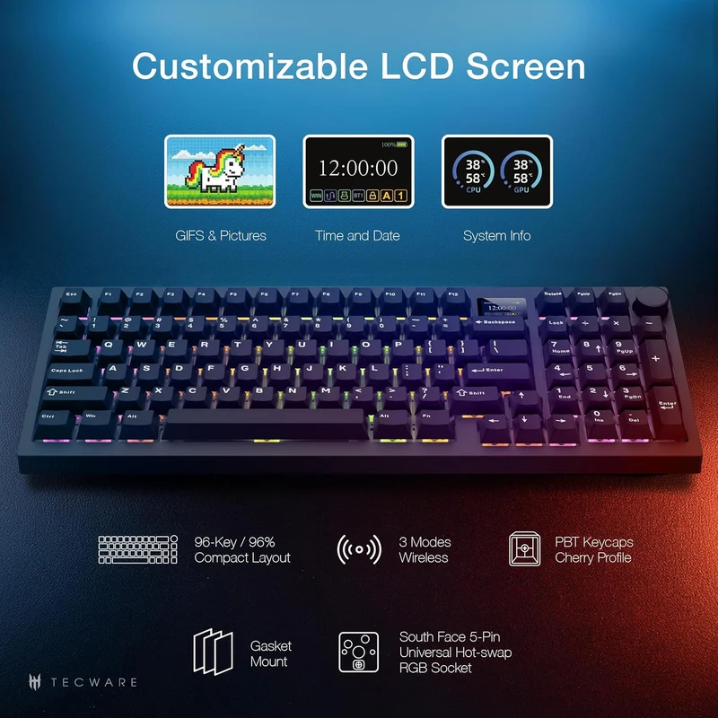 Tecware Spectre 96 RGB Tri-Mode 96-Key Gasket Mounted Mechanical Keyboard with Customizable LCD Display & Volume Knob (Black) (Candy Red 48G Linear Switch, Cocoa Brown 55G Tactile Switch)