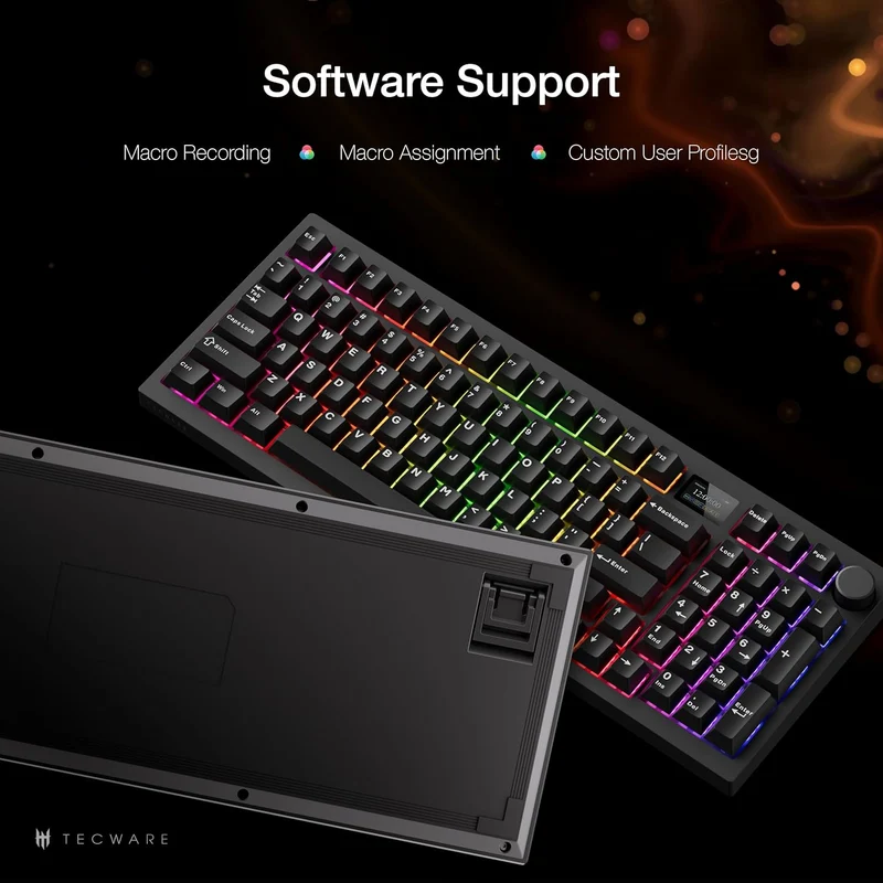 Tecware Spectre 96 RGB Tri-Mode 96-Key Gasket Mounted Mechanical Keyboard with Customizable LCD Display & Volume Knob (Black) (Candy Red 48G Linear Switch, Cocoa Brown 55G Tactile Switch)