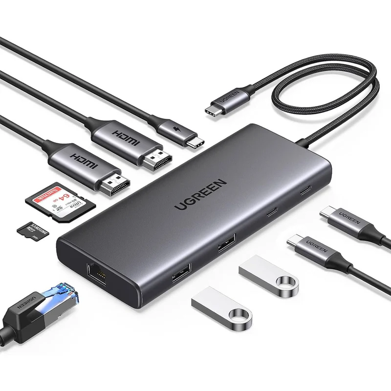 Ugreen USB-C To USB-A 3.2 + USB-A 3.0 + 2xUSB-C 3.2 + 2xHDMI + RJ45 Gigabit + SD & TF + PD Port Converter (10-in-1) Hub (Grey) (CM639/45380)