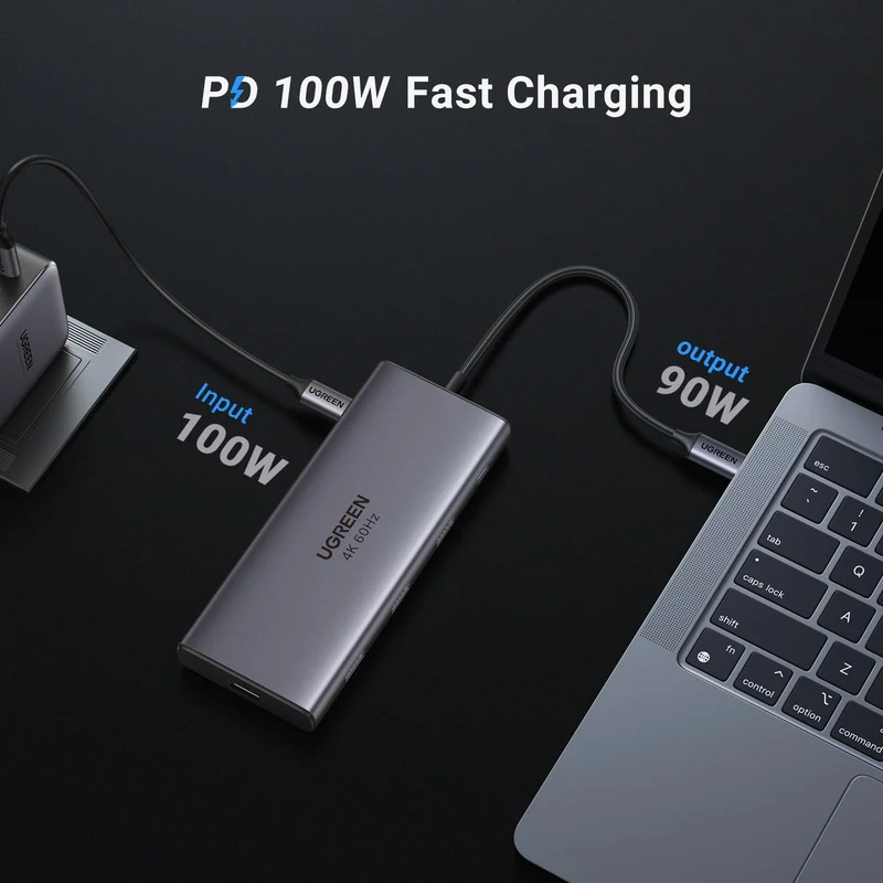 Ugreen USB-C To USB-A 3.2 + USB-A 3.0 + 2xUSB-C 3.2 + 2xHDMI + RJ45 Gigabit + SD & TF + PD Port Converter (10-in-1) Hub (Grey) (CM639/45380)