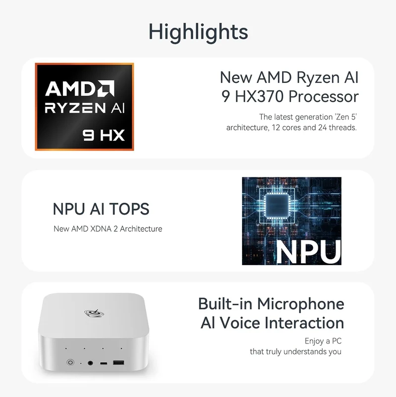 Beelink SER9 AMD Ryzen AI 9 HX 370 Processor (64GB RAM+2TB SSD | 32GB RAM+1TB SSD) Windows 11 Pro Mini PC (Frost Silver, Space Grey)